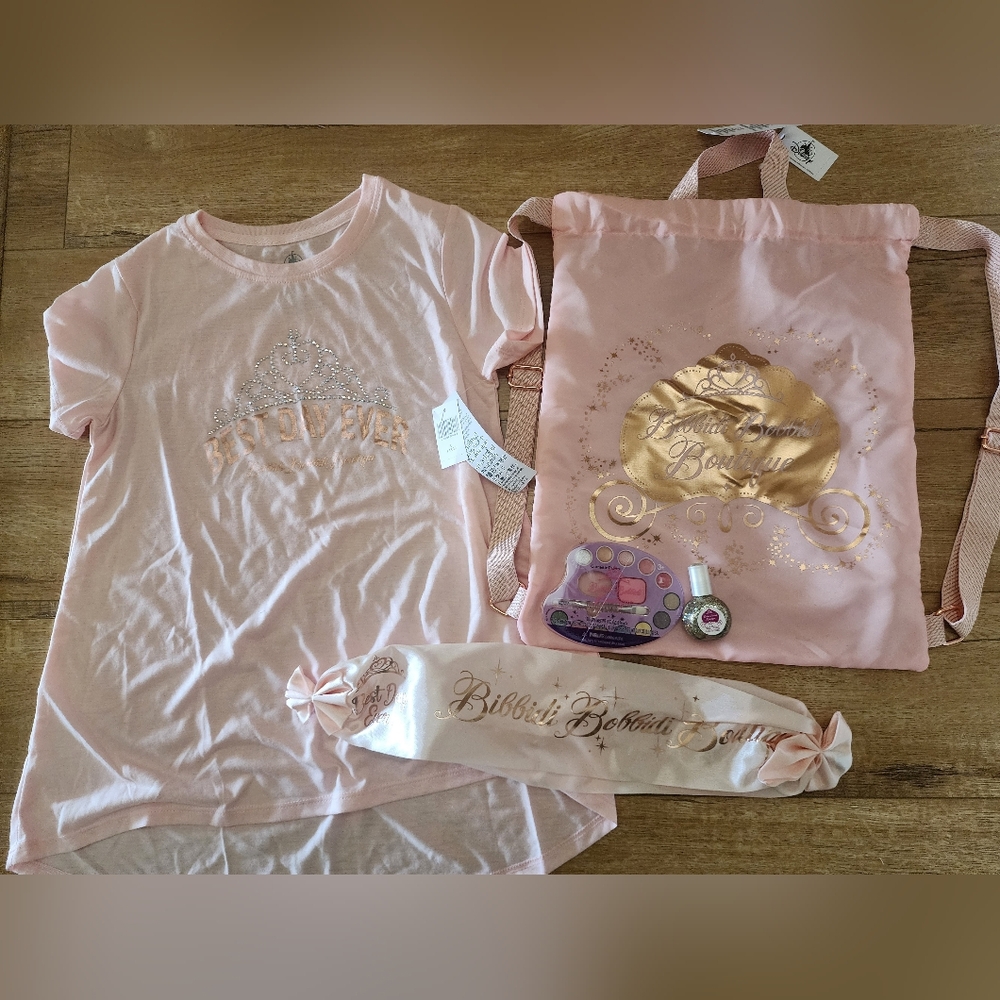 NEW Disneyland LOT 5 Bibbidi Bobbidi Boutique Backpack/Shirt/Used Makeup/ Ribbon